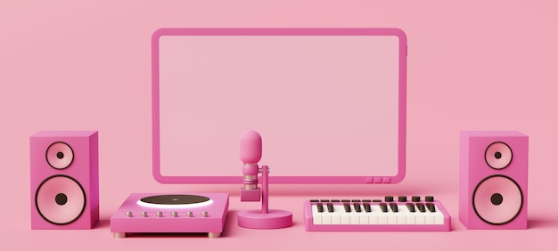 Pink monochrome image of a minimalist music production home\
studio