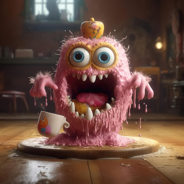 A pink monster with a cup of coffee on it and a pink monster with a yellow eye.