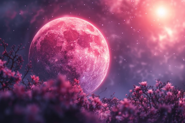 Pink Moon Illuminates Night Sky With Blooming Pink Flowers