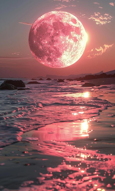 a pink moon is reflected in the water at sunset