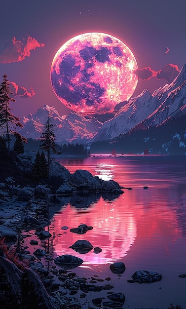 Розовая луна отражается в воде.