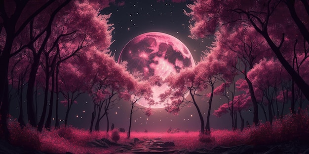 A pink moon is shining over a forest with a pink moon in the background.