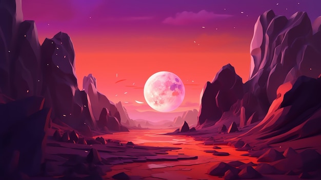 A pink moon over a landscape with rocks and mountains.