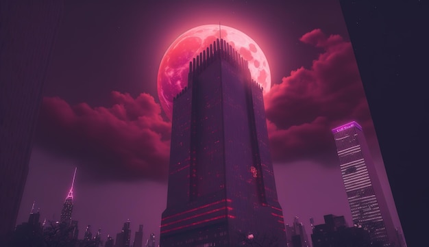 A pink moon rises over a city with a skyscraper in the background.