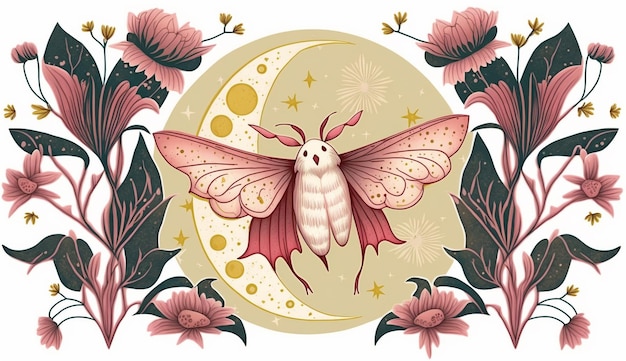 A pink moth with a moon in the background.