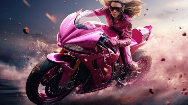 Розовый мотоцикл с гонщиком