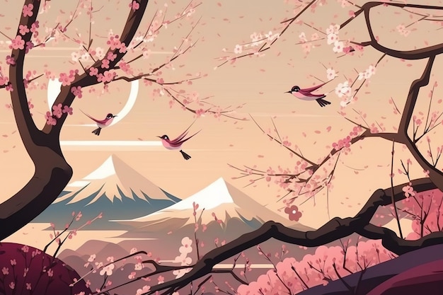 A pink mountain with a moon and a few birds