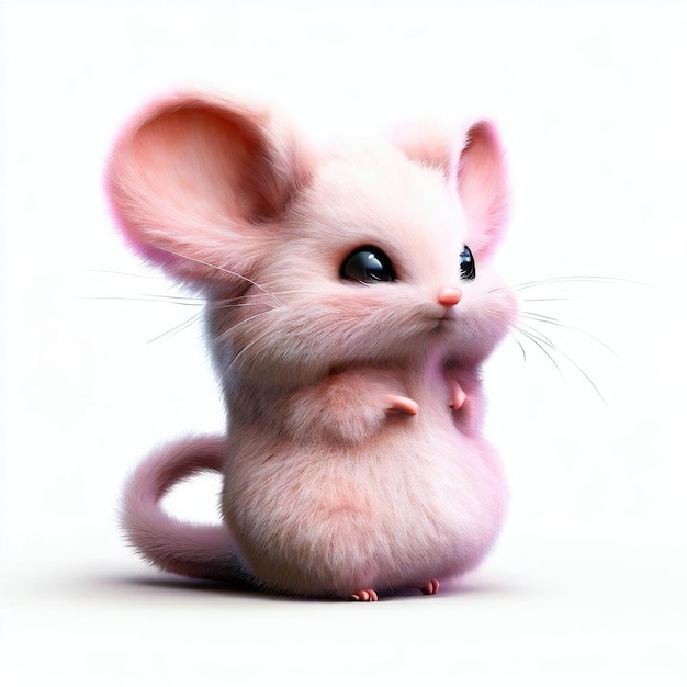 A pink mouse with blue eyes sits on a white background.