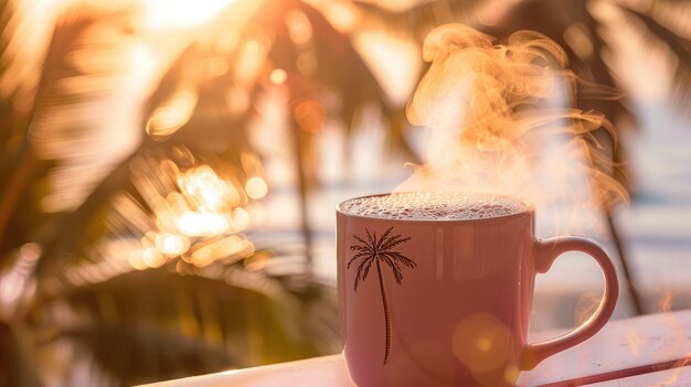 写真 ピンクのコーヒーカップ 蒸気で ビーチの木製のテーブルに 海とナツメヤシの背景を背景に 旅行のコンセプト おはようございます 休暇とリラックス