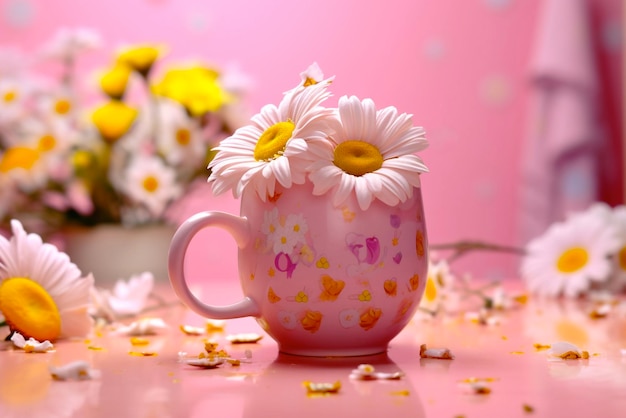 Pink mug with bunch of daisies Generative AI