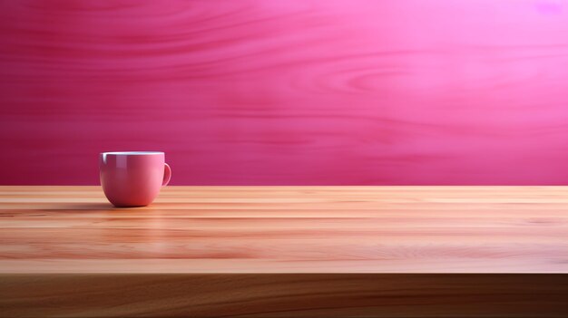 A pink mug on a wooden surface