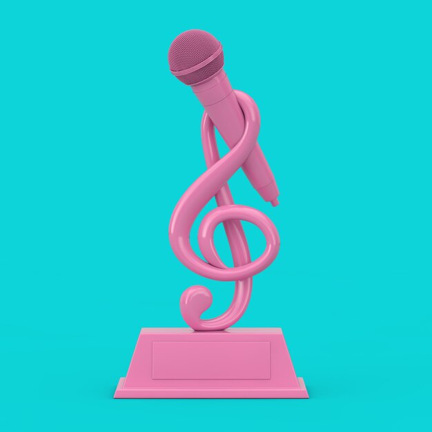 青い背景にデュオトーンスタイルのマイク賞トロフィーとピンクの音楽ト音記号。 3Dレンダリング