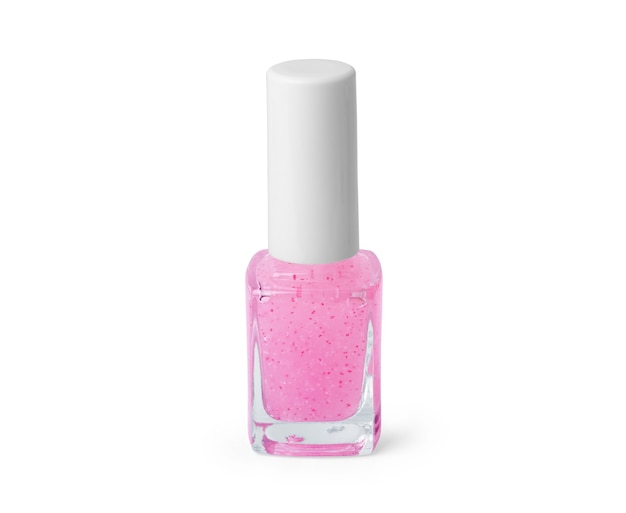 Pink nail polish on white background