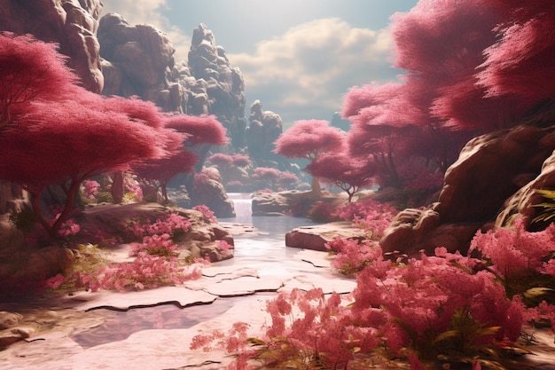 Pink nature landscape rich in vegetation