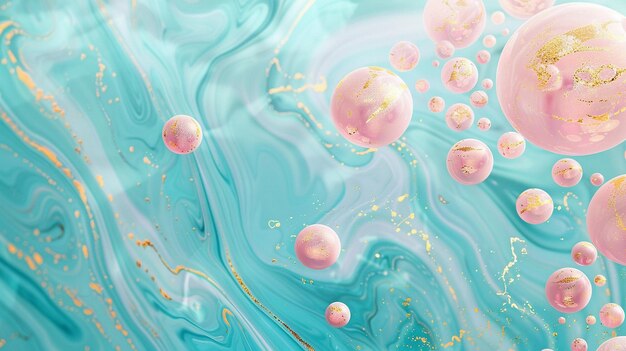 Pink neon bubbles and golden wave on aquamarine swirl design