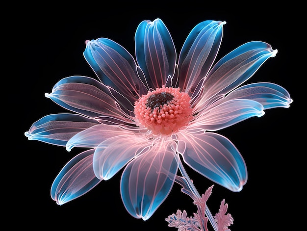 pink neon daisy flowers on a black background with blue light