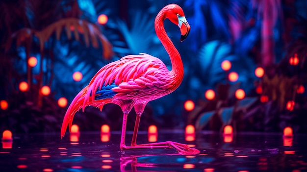 pink neon flamingo in neon light on black background