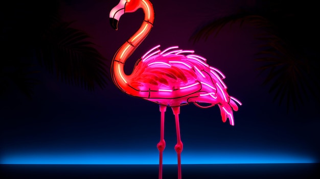 pink neon flamingo in neon light on black background