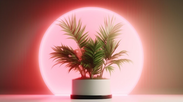 A pink neon light with a plant in it