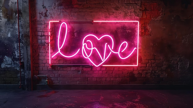 Pink neon sign the word love hanging on a brick wall in a pink heart