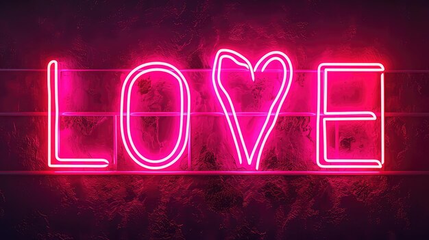 Pink neon sign the word love hanging on a brick wall in a pink heart