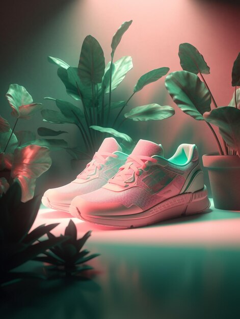 A pink nike shoe is next to a plant