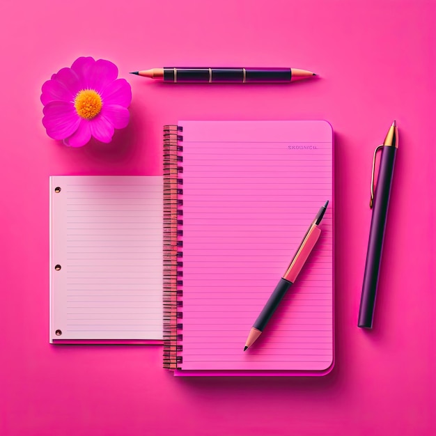 Photo a pink notebook with a flower on it and a pen on the bottom.