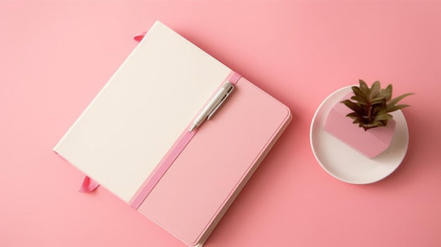 펜이 있는 분홍색 노트북과 분홍색 배경에 분홍색 상자가 있습니다.