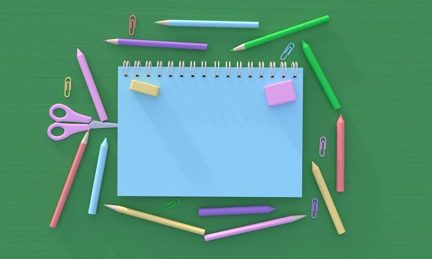 Pink notebook with pen pencil crayon eraser paper clip and scissors 3d rendering illustration