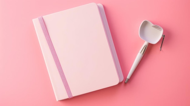 A pink notebook with a spoon and a spoon on a pink background.