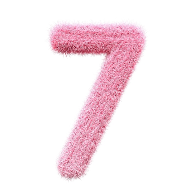 pink number 7 Fur 3D element render Typography fluffy style