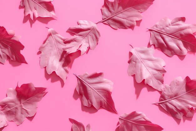 Pink oak leaves on a pink background Flat lay top view