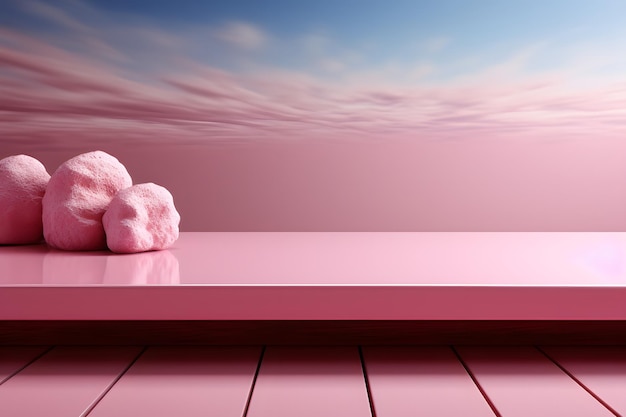 розовый объект на розовом столе с розовым фоном с небом и облаками.