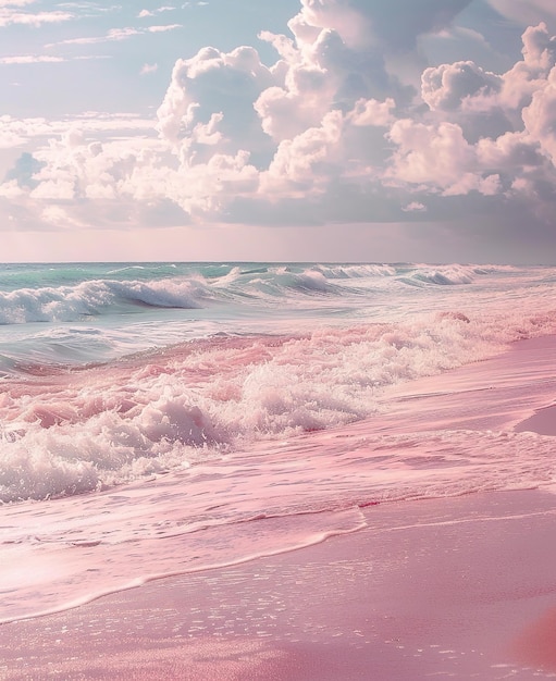 a pink ocean with a pink sand beach and a pink and white wave