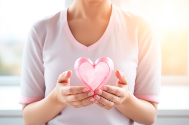 Pink October Vrouw met een roze top en een roze hart ter ondersteuning van het bewustzijn van borstkanker Internationale bewustzijnsbeweging voor de vroege opsporing van borstcancer gegenereerd door AI