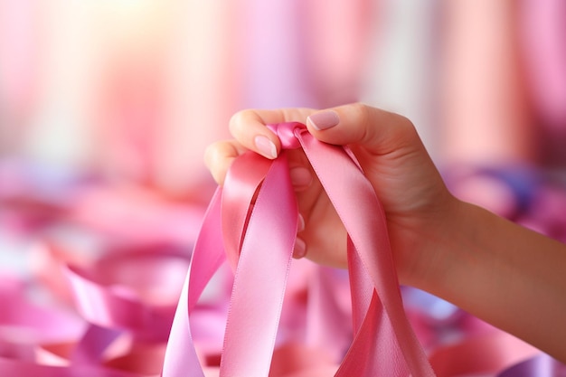 Фото Розовый октябрь женщина с лентами в розовых тонах символ осведомленности о раннем выявлении рака молочной железы вместе мы сильнее мы победим рак молочной желез