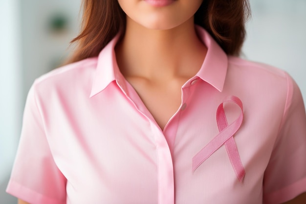 사진 유방암 예방을 위해 분홍색 블라우스와 을 입은 여성 - 유방암의 조기 탐지를 위한 국제 인식 운동 (pink october)