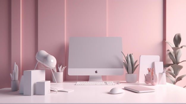 机の上にコンピューターとラップトップが置かれたピンクのオフィス。