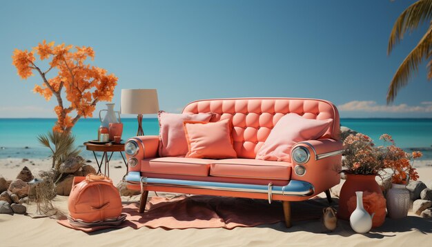 pink old car seat on the beach