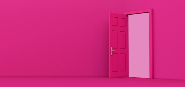 Pink open door isolated on colored background, 3D render