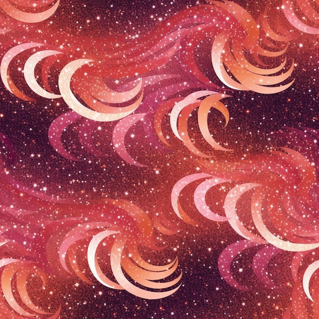 A pink and orange background with a pattern of stars and the words