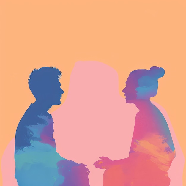 Foto uno sfondo rosa e arancione con due persone che parlano