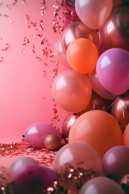 Pink and orange balloons in a pile with the word balloon on the top