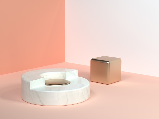 розовый / оранжевый / кремовый минимальный сцена стена угол аннотация геометрическая форма белый мрамор круг золотой куб 3D рендеринг