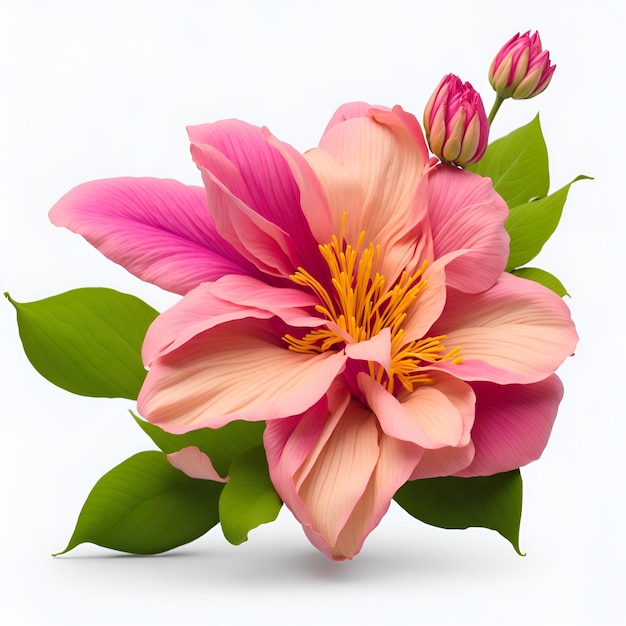 A pink and orange flower is surrounded by green leaves.