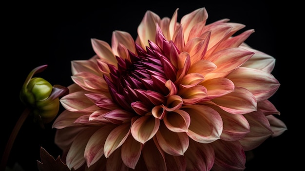 A pink and orange flower with a black background