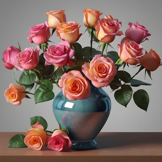 Pink and orange roses in a beautiful vase