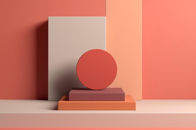 A pink and orange wall with a round stone on it.