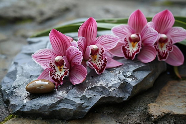 Photo pink orchid flower with zen stones on a stone background