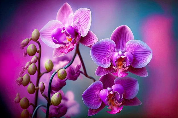 Pink orchid flowers on blurred purple background